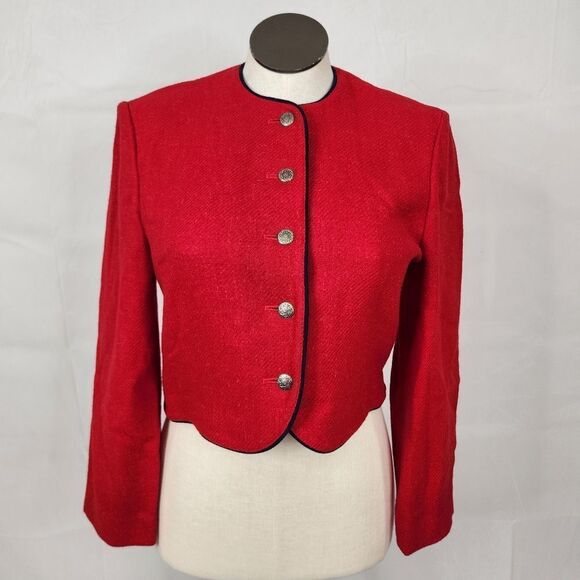 VTG Pendleton 100% Virgin Wool Red Navy Piped Crop Military Style Jacket Sz 10 - Picture 1 of 12
